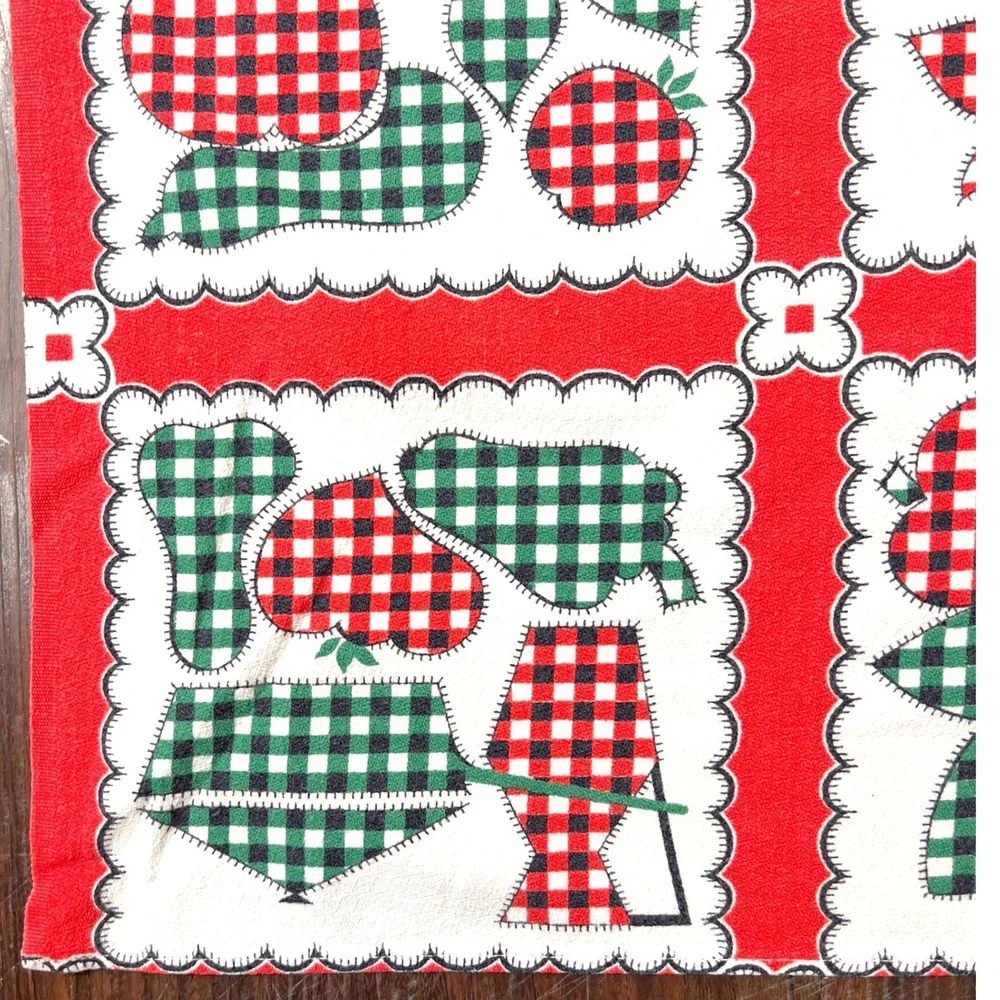 Vintage 50s Farmhouse Tablecloth Floral Gingham Fruit Patchwork 48x60 Retro Red